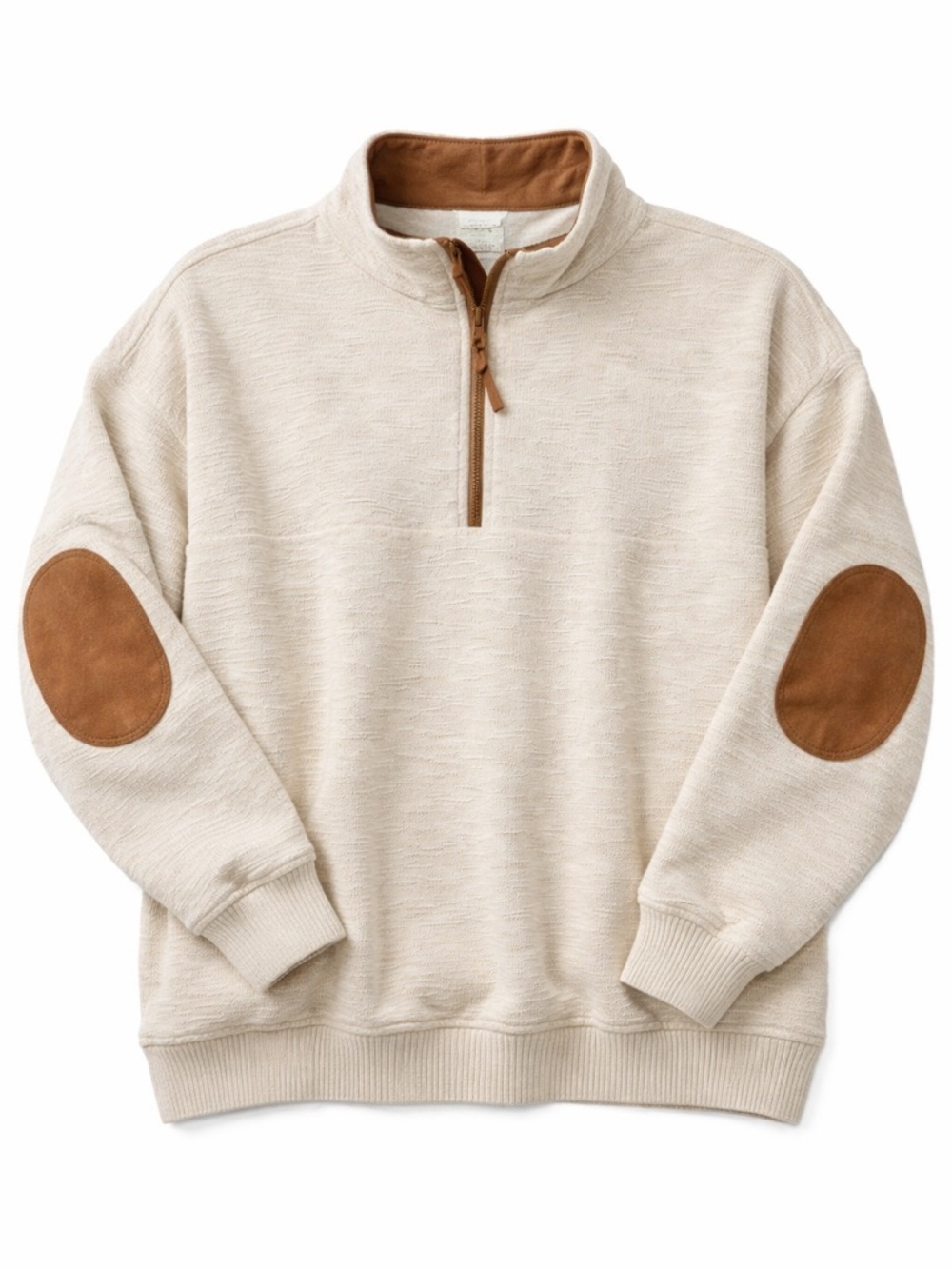 Vintage Quarter Zip Sweater Cream Textured Pullover w Elbow Patches Oversized